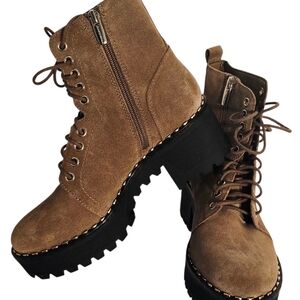 Suede Lug Sole Combat Boots - Brown